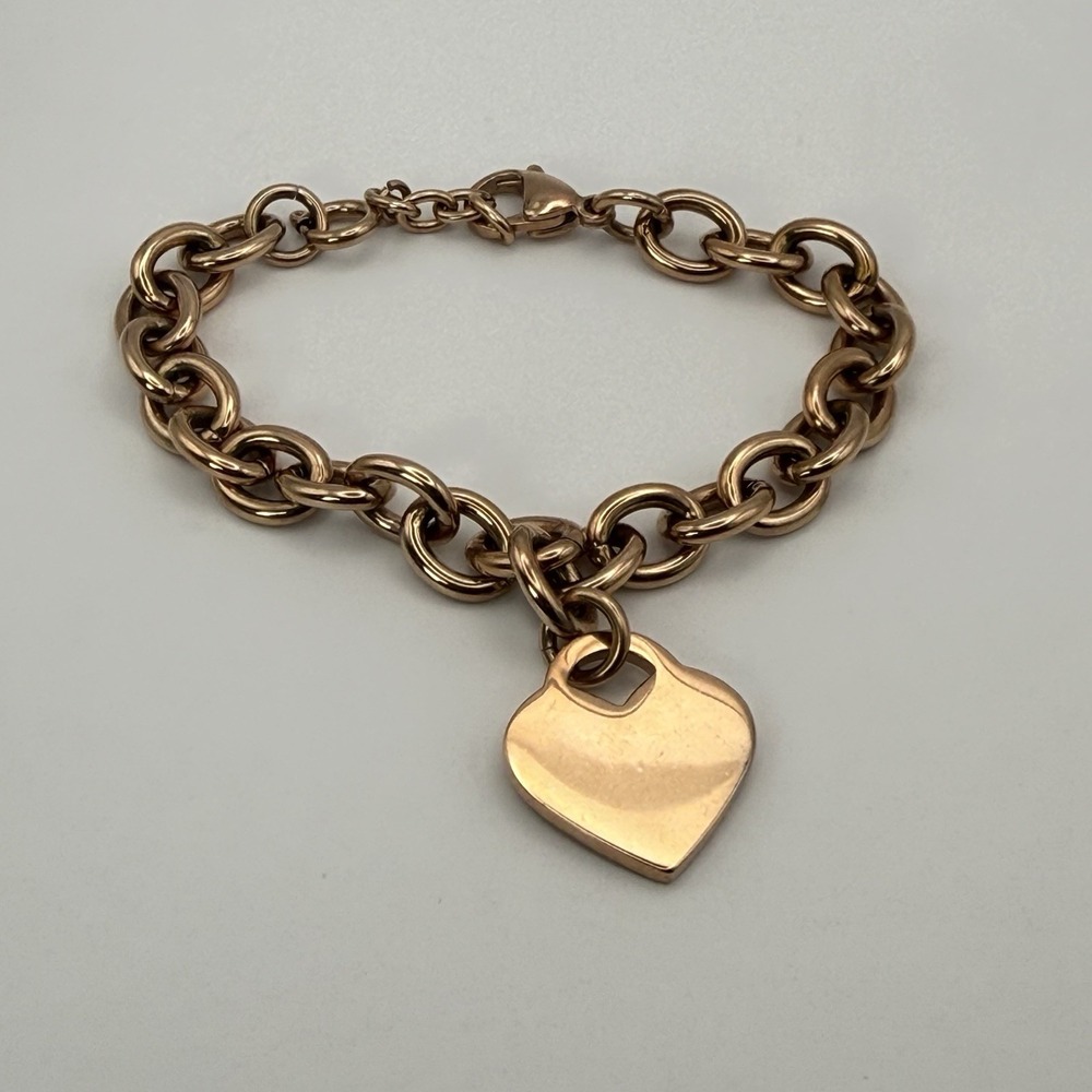 Vintage Heart Charm Chain Bracelet Rose Gold Tone Stamp Stainless Steel 6-7."